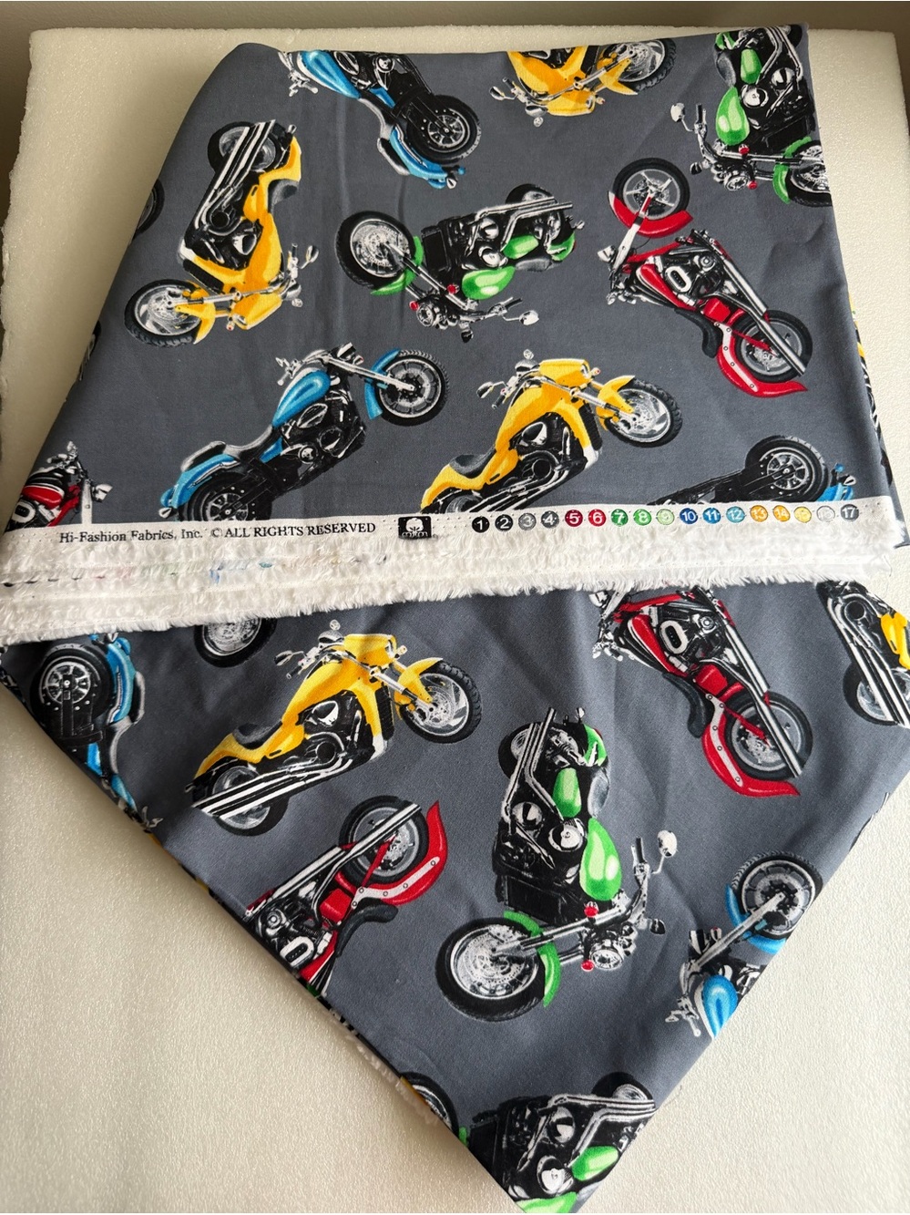Motorcycle Print Cotton Fabric Gray Red Yellow Blue Biker 4+ Yards Craft NEW